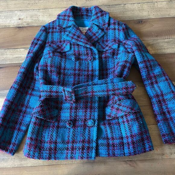 Vintage Teal Plaid Tweed Belted Jacket in Hand Tailored in 1969 by Sherman’s Inc - Picture 1 of 11